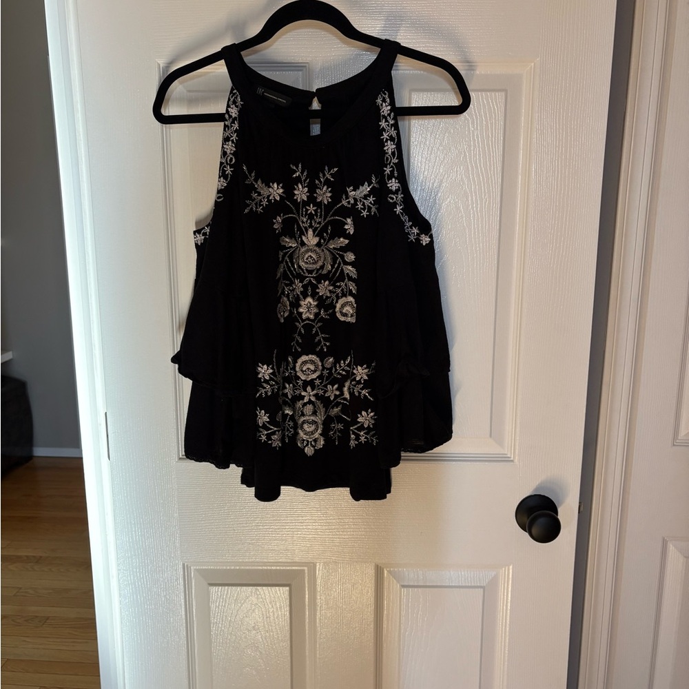INC International Concepts Black and White Embroidered Cold Shoulder Blouse